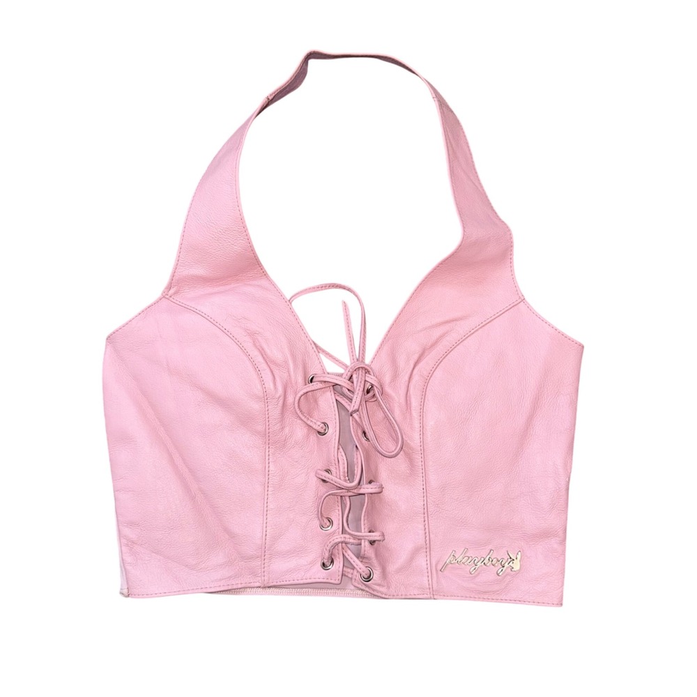 Playboy Leather Skirt Set Womens Large Pink Excellent Y2K Lace Up Halter 2pc - Picture 8 of 15